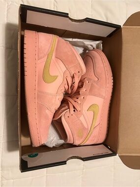Jordan Mid 1s - Womens Pink Suede High-Top Sneakers with Gold Swoosh